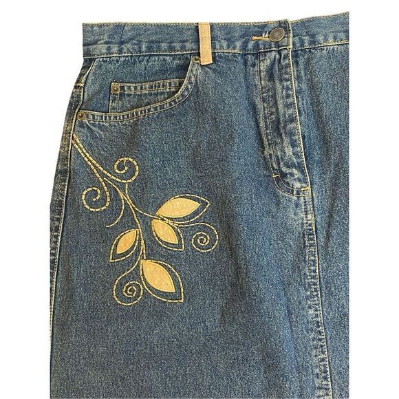 Embroidered Denim Midi Skirt Yellow Floral Modest A-Line Skirt Size 10 Style & C - Picture 2 of 4